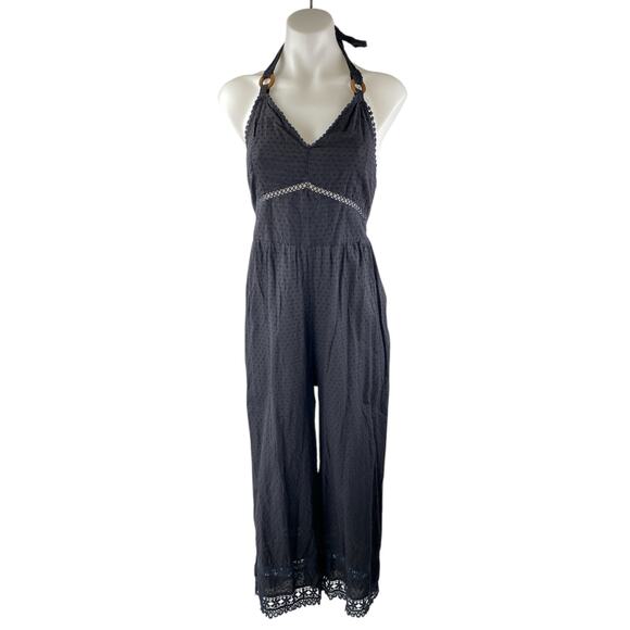 Zara Pants - ZARA Black Polka Dot Lace Trim Halter Neck Sleeveless Wide Leg Romper Jumpsuit S